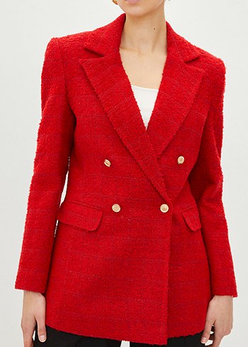 Kadın Kırmızı Düğmeli Tüvit Blazer Ceket - Görsel 7