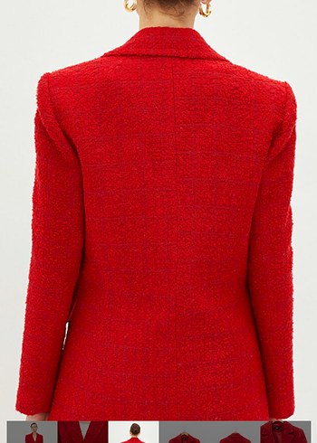 Kadın Kırmızı Düğmeli Tüvit Blazer Ceket - Görsel 6