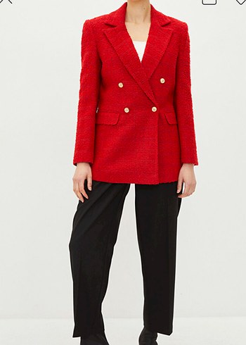 Kadın Kırmızı Düğmeli Tüvit Blazer Ceket - Görsel 4