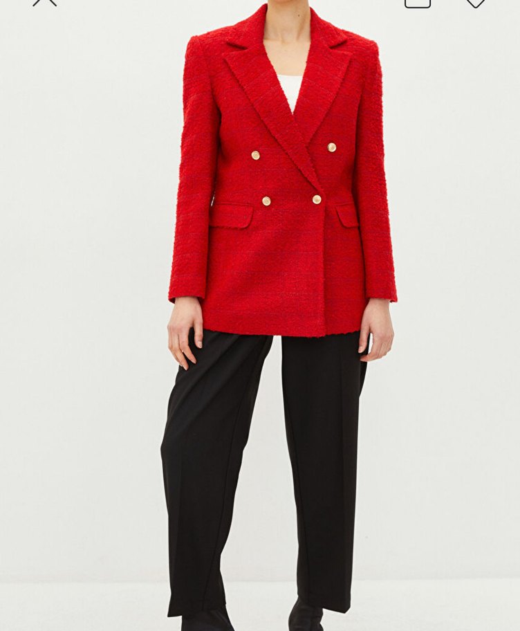 Kadın Kırmızı Düğmeli Tüvit Blazer Ceket - Görsel 4