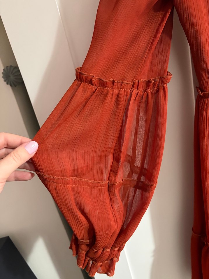 Trendyol milla Kırmızı Uzun Kollu Fırfırlı Midi Elbise - Görsel 3