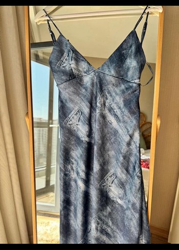 34 Beden Kadın Lacivert Bağcıklı Uzun Denim Elbise