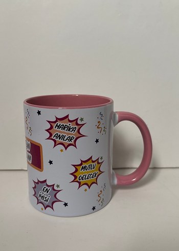 Pembe Renkli Yeni Dilekler Temalı  porselen Kupa - Görsel 3