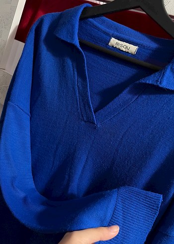 Mavi V Yaka Örgü Kadın Kazak - Görsel 3