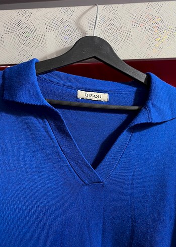 Mavi V Yaka Örgü Kadın Kazak - Görsel 2