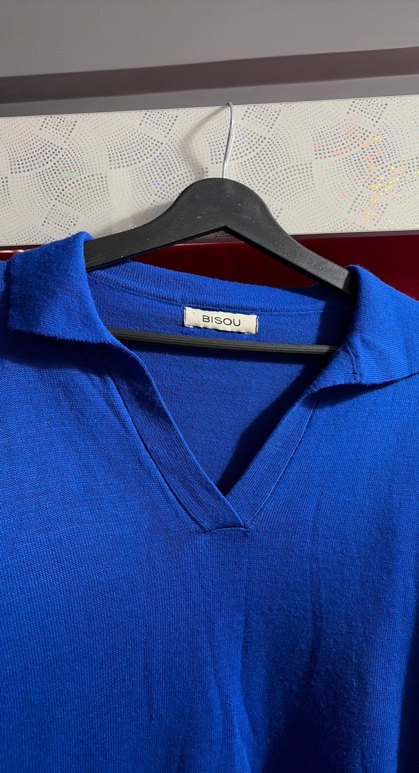 Mavi V Yaka Örgü Kadın Kazak - Görsel 2