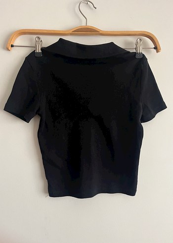 Siyah Polo Yaka Kısa Kollu Krop Tişört - Görsel 2