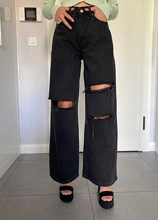 yırtık pantolon bol paça siyah