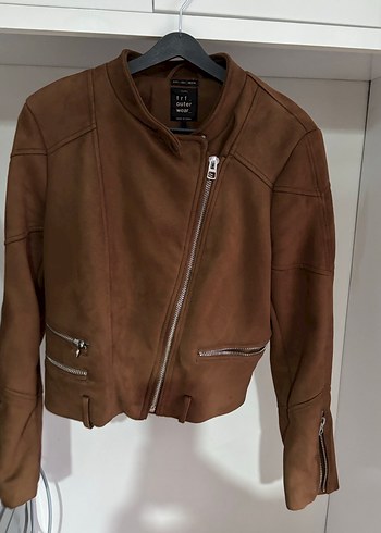 Kahverengi Deri Kemerli Biker Ceket - Görsel 4
