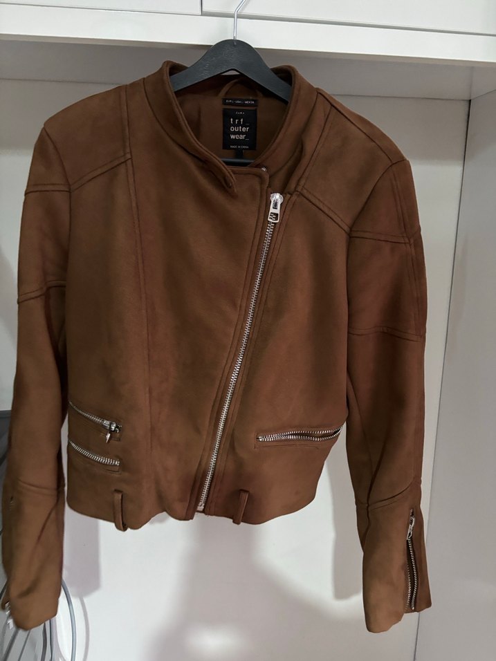 Kahverengi Deri Kemerli Biker Ceket - Görsel 4
