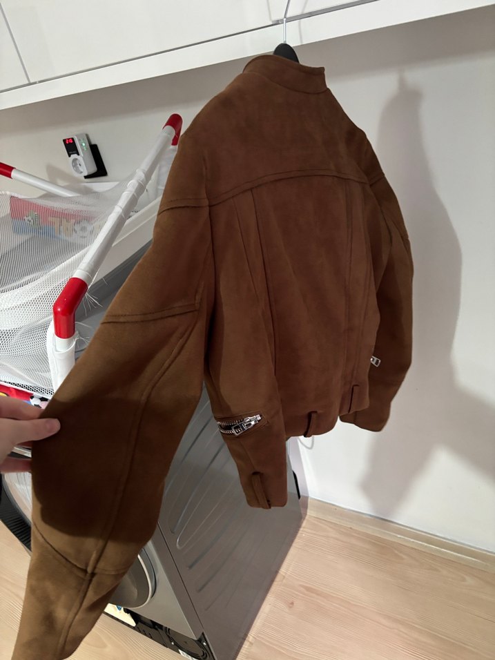 Kahverengi Deri Kemerli Biker Ceket - Görsel 3