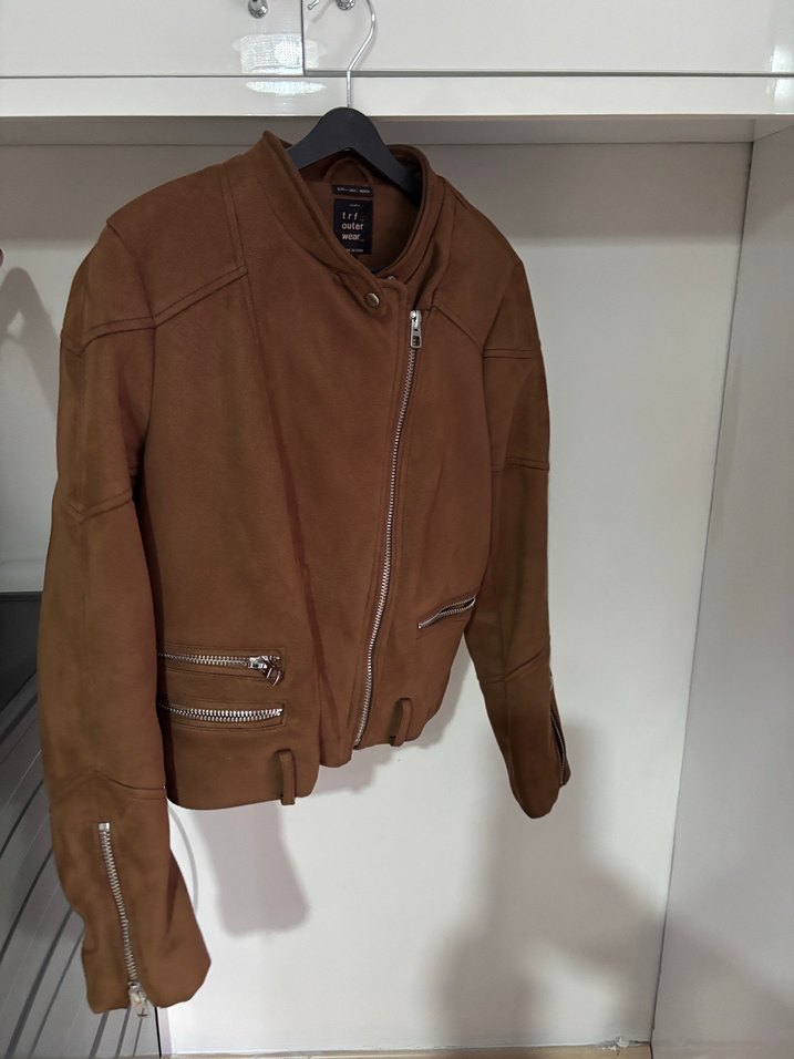 Kahverengi Deri Kemerli Biker Ceket - Görsel 2