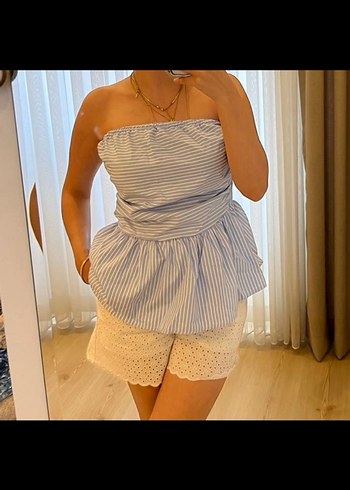 Beyaz Çizgili Straplez Mini Elbise