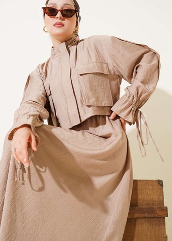 Bej Keten Kumaşlı Uzun Elbise - Görsel 2