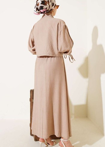 Bej Keten Kumaşlı Uzun Elbise - Görsel 4