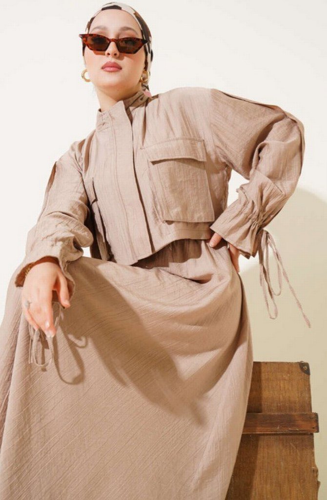 Bej Keten Kumaşlı Uzun Elbise - Görsel 2