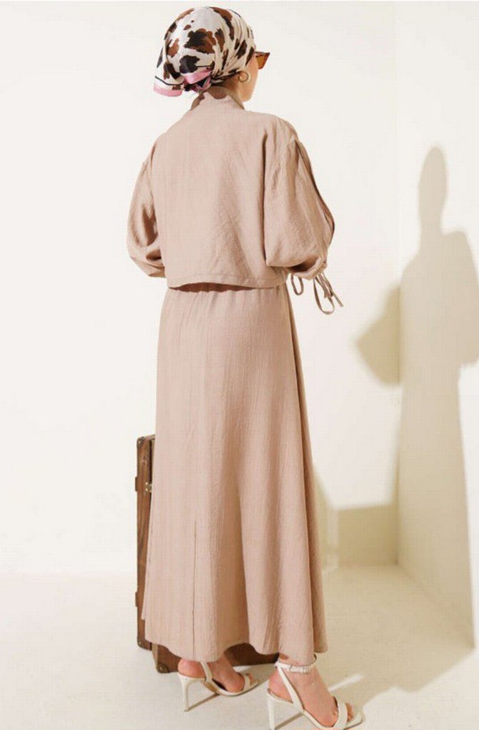 Bej Keten Kumaşlı Uzun Elbise - Görsel 4