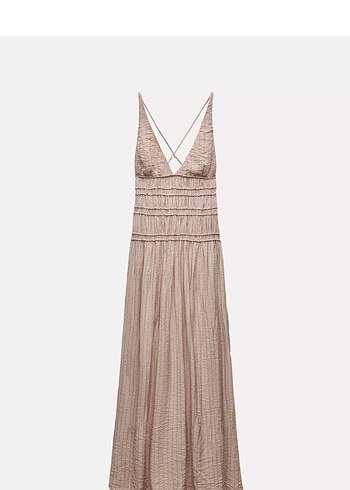 Zara Zara Bej V Yaka Drapeli maxi Keten Elbise