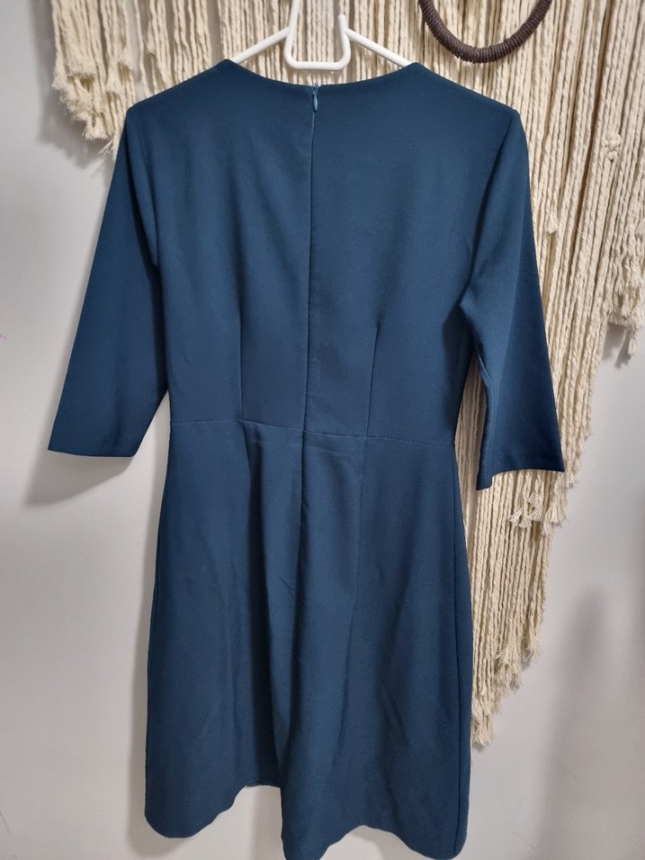 Düğmeli V Yaka Midi Lacivert Elbise - Görsel 3