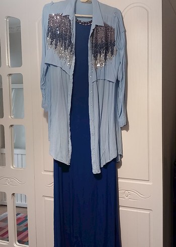 Uzun Kollu Mavi Nakışlı Gömlek tunik - Görsel 5