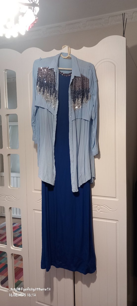 Uzun Kollu Mavi Nakışlı Gömlek tunik - Görsel 5