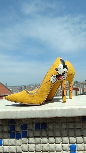38 Beden sarı Renk Mickey mouse sarı topuklu ayakkabı
