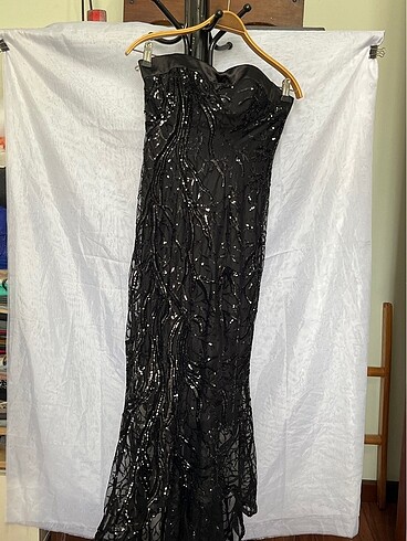 Payetli tül içi astarlı ve süngerli straplez Abiye - Görsel 7