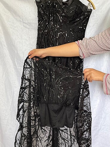 Payetli tül içi astarlı ve süngerli straplez Abiye - Görsel 7