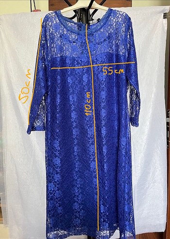 Saks mavisi lacivert dantelli elbise - Görsel 5