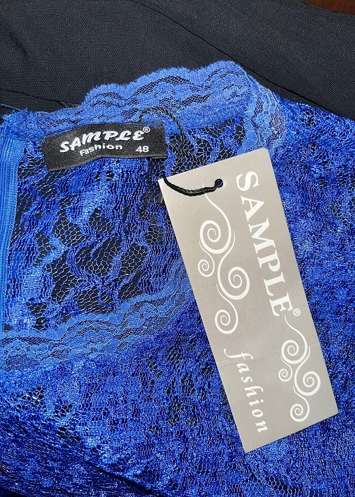 Saks mavisi lacivert dantelli elbise - Görsel 4