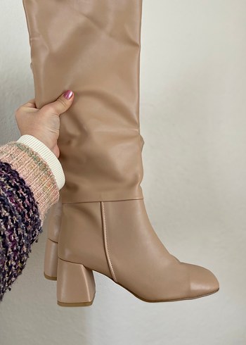 Bej Deri Dizüstü İnce Topuklu Çizme - Görsel 2