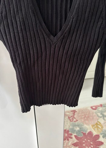 Zara s bedenSiyah V Yaka Fitilli Triko Kazak - Görsel 6