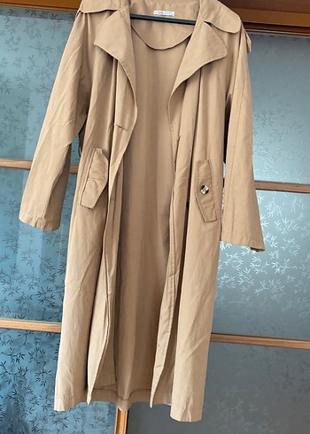 Bej Kadın Uzun Keten Trençkot - Görsel 5