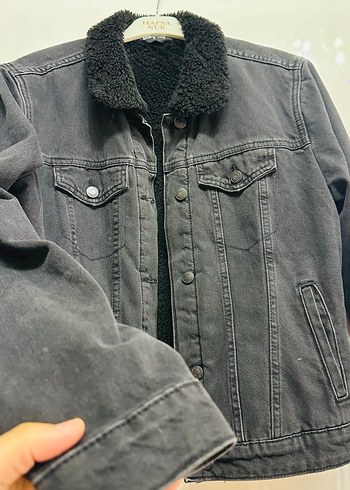 Kürk Detaylı Siyah Denim Ceket - Görsel 2