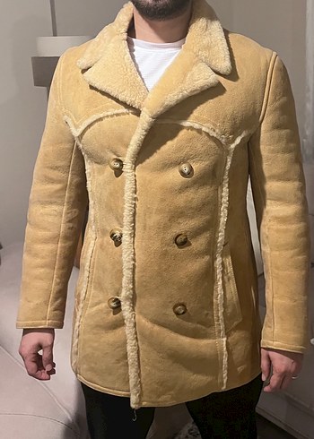 Düğmeli Bej Süet Erkek Kaban - Görsel 5