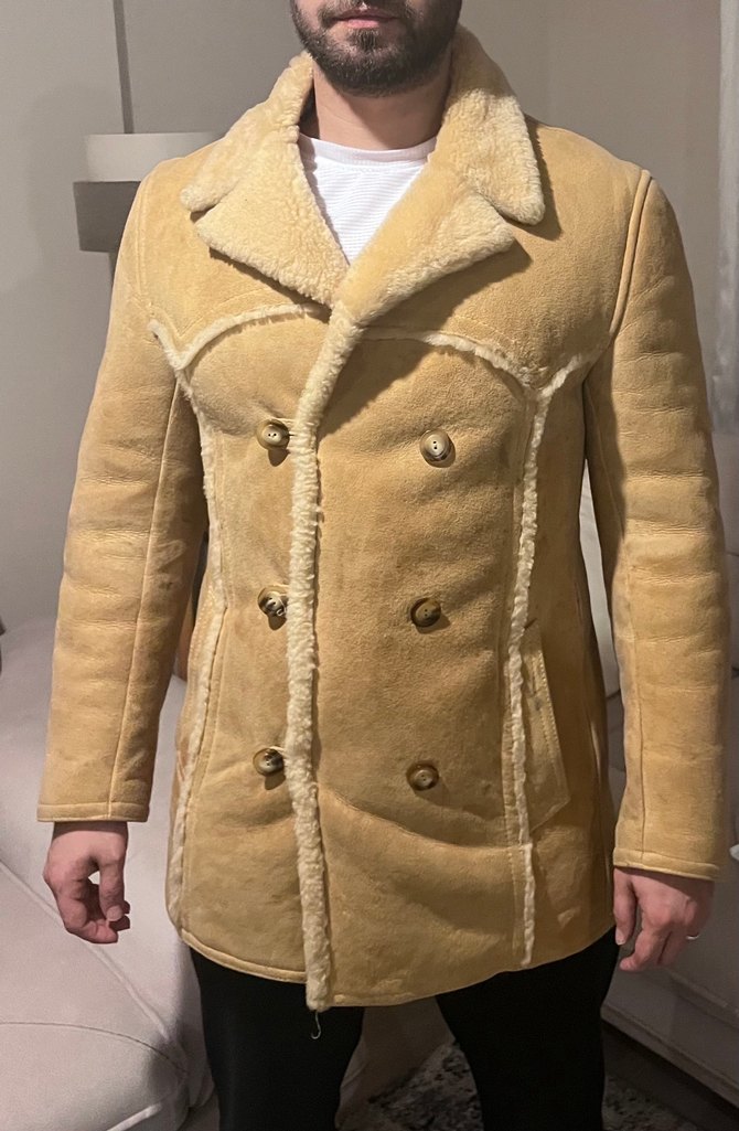 Düğmeli Bej Süet Erkek Kaban - Görsel 5