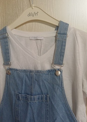 Beyaz Tişört ve Denim Midi Salopet - Görsel 2