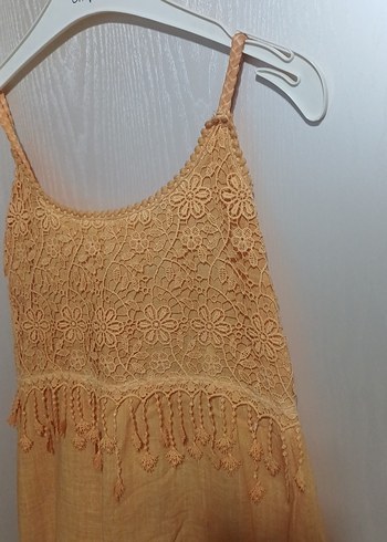 Nakış Detaylı hardal sarı Keten Bohem Elbise - Görsel 2