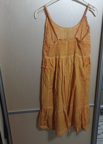 Nakış Detaylı hardal sarı Keten Bohem Elbise - Görsel 3