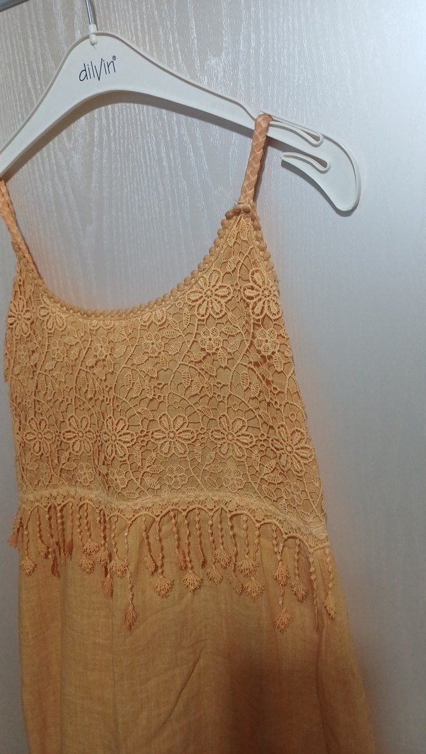 Nakış Detaylı hardal sarı Keten Bohem Elbise - Görsel 2