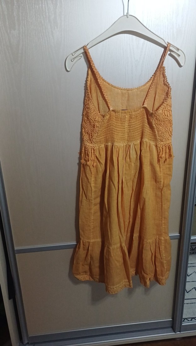 Nakış Detaylı hardal sarı Keten Bohem Elbise - Görsel 3