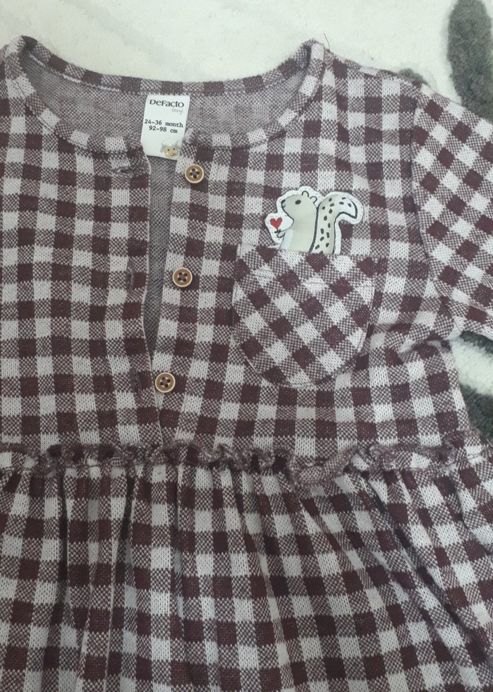 Kız Çocuk Gri Kareli Uzun Kollu Elbise - Görsel 2