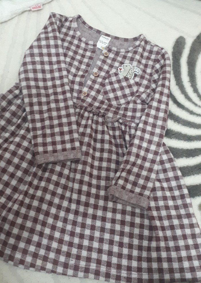 Kız Çocuk Gri Kareli Uzun Kollu Elbise - Görsel 3