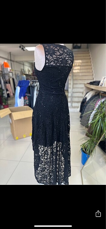 Siyah tül detay elbise - Görsel 5