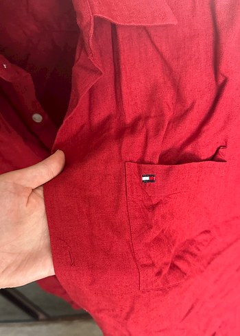 xl Beden Tommy orjinal gömlek xl Kırmızı Kısa Kollu Keten Gömlek