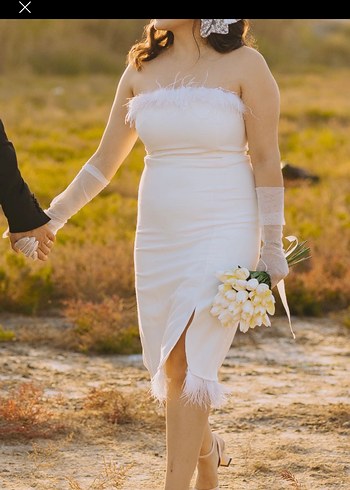 Tüylü Straplez Beyaz Söz & After & Nikah elbisesi