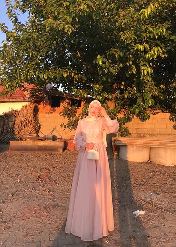 Abiye Uzun Kollu Pudra Pembe Drapeli Abiye Elbise