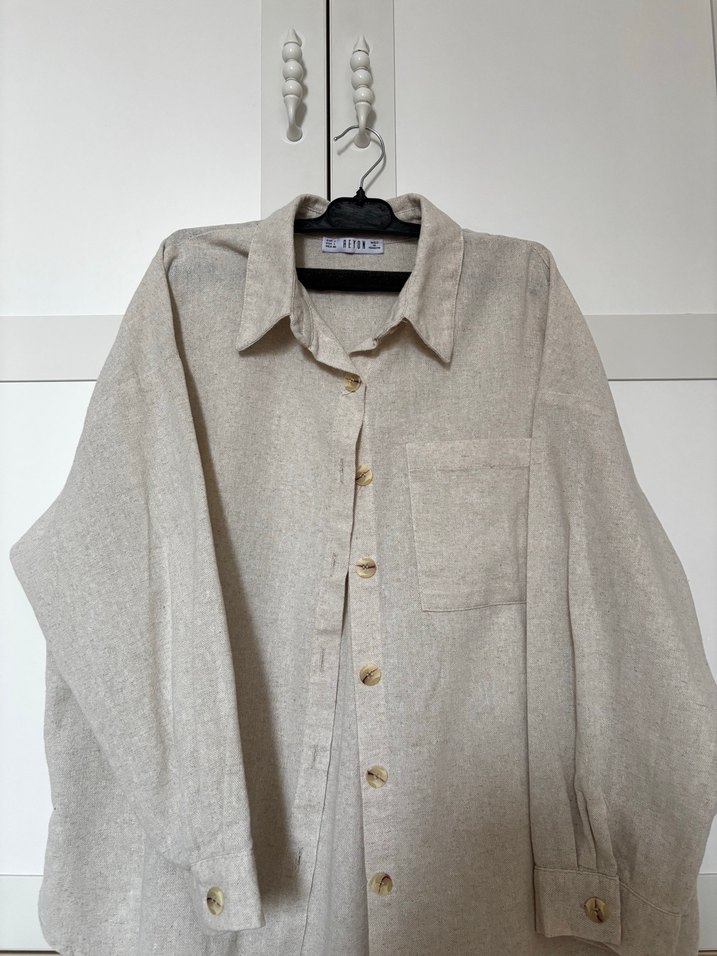 Bej Düğmeli Keten Kadın Gömlek - Görsel 2