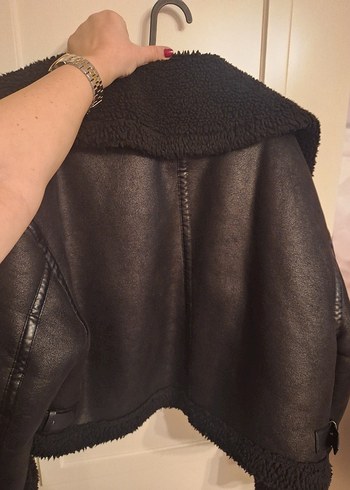 Siyah Kürklü Deri Kadın Biker Ceket - Görsel 4