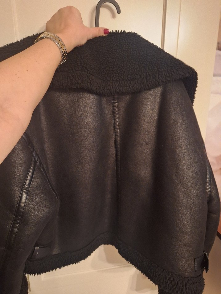 Siyah Kürklü Deri Kadın Biker Ceket - Görsel 4
